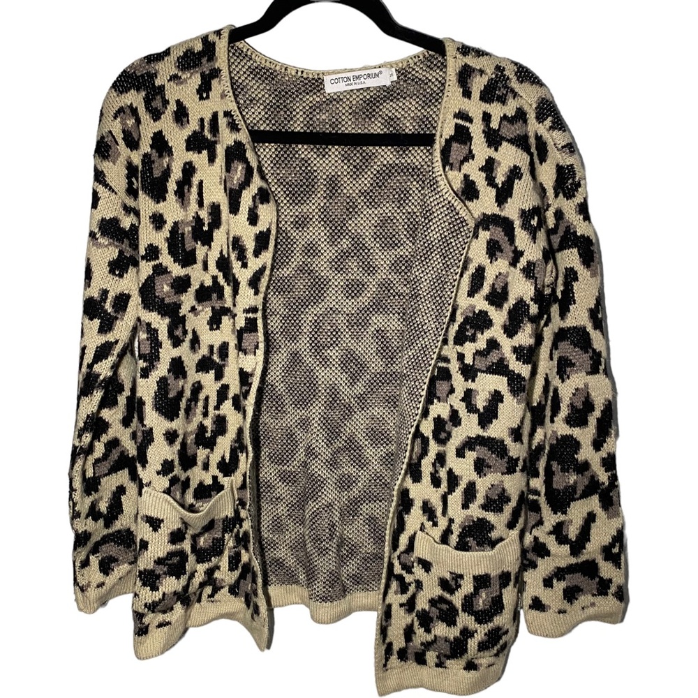 Cotton Emporium Women's Small Leopard Print‎ Open Sweater Cardigan Pockets